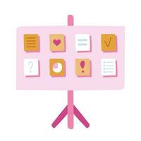 Cute hand drawn clipart of flipchart with lists, diagram, notes, plans on colorful stickers. Business element for presentations, reports. Vector illustration isolated on white background.