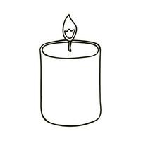 Hand drawn holiday candle with a flame in beige colors. Cozy clipart. Vector illustration with hand drawn outline isolated on background. Can be used for paper craft, fabric, sticker, scrap element.