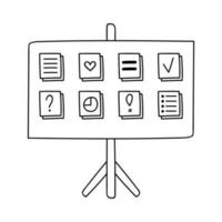 Cute hand drawn doodle of flipchart with lists, diagram, notes, plans on colorful stickers. Business element for presentations, reports. Vector illustration with hand drawn doodle outline.