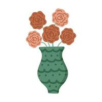 Cartoon vase with flowers. Roses, peonies for living room, bedroom, kitchen interior in boho style. Hand drawn illustration in warm colors. Cozy domestic apartment. Create atmosphere inside of home. vector