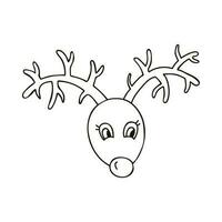 Hand drawn Christmas deer with in doodle style. Santa helper with red nose. Christmas sign. Vector illustration with doodle outline isolated on background. Suitable for paper craft, fabric, sticker.