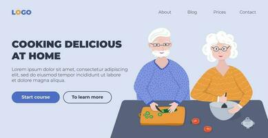 Web page design template for online courses for old retired couples about cooking together at home. Modern vector illustration concept for websites, landing pages, mobile apps.