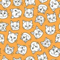 Cute seamless pattern with funny and cute cat faces close up. Vector doodle kitty with hand drawn outline. Home pet backdrop can be used for wrapping paper, bedclothes, notebook, packages