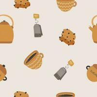 Cute simple seamless pattern with coffee mug, kettle, cookies, tea bag in the pastel palette. Endless backdrop with cozy home for wrapping paper, background, fabric. Hand drawn vector doodle.