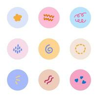 Modern and cute highlights for different social media, bloggers, companies, brands with different abstract shapes, dots, wave, heart, flower, drop. swirl. Vector hand drawn cliparts in pastel colors.