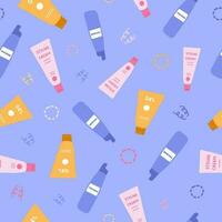 Cute and colorful vector seamless hand drawn pattern with cosmetic products for Curly Girl Method, curly hair routine. Can be used for, wrapping paper, bedclothes, notebook, packages, gift paper.