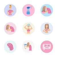 Cute highlights for different social media, bloggers and companies about cosmetic products for Curly Girl Method, curly hair routine. Vector hand drawn cliparts illustrations in bright palette.