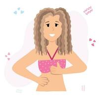 Young lady in swimsuit with curly hair smiling and showing thumb up. Concept of happy woman who thinks that it is cool. Female Character Showing Positive Gesture. Happiness Emotions, Language. vector