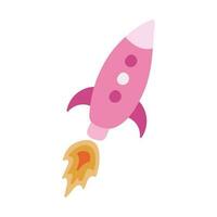 Cute and funny space rocket with the fire that start to fly in hand drawn style. Colorful vector clipart illustration isolated on the background. Start and launch of business projects, processes.