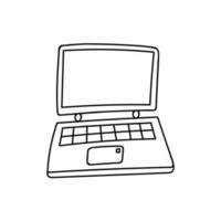 Cute doodle laptop with keyboard for business, communication, education. Device for office, working at home, at cafe. Vector illustration isolated on background with hand drawn outline.