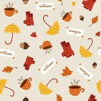 Cozy and hygge vector seamless hand drawn pattern with hygge autumn clip arts of seasonal clothes, food and drinks, decor. Can be used for, wrapping paper, bedclothes, notebook, packages, gift paper.