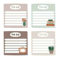 Cozy scrapbook templates for planner. Notes, to do, to buy, to read with illustrations about home interior in boho style. With printable, editable illustrations. For school, university schedule vector