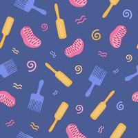 Cute and colorful vector seamless hand drawn pattern with cosmetic products for Curly Girl Method, curly hair routine. Can be used for, wrapping paper, bedclothes, notebook, packages, gift paper.