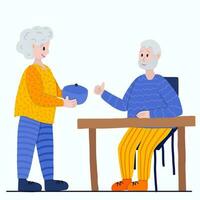 Old retired couple having a dinner together. Grandmother sets the table and put the caldron. Grandfather showing thumbs up. Stylized vector hand drawn illustration isolated on white background.