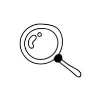 Cute doodle icon of loupe or magnifier in hand drawn style. Research of business processes, goals, analyzing, searching information. Vector illustration isolated on the background.
