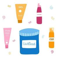 Set with cosmetic products for Curly Girl Method. Beauty bottles for styling kinky, frizz hair. Right cosmetics for healthy treatment of curly, wave hair. Cute and bright clipart. Hand drawn vector. vector