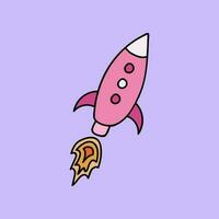Cute and funny space rocket with the fire that start to fly in hand drawn style. Colorful vector clipart illustration isolated on the background. Start and launch of business projects, processes.