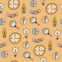 Cute and colorful vector seamless hand drawn pattern with magnifier, loupe, clock, diagram, handshake, lamp. Can be used for, wrapping paper, bedclothes, notebook, packages, gift paper.