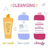 Concept of cleansing by Curly Girl Method. Different types of cosmetic products for clarifying curly, wavy hair. Soft sulfate free shampoo, strong bottle with sulfates, conditioner. Co-wash, low-poo. vector