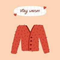 Cozy autumn postcard with calligraphic hand drawn lettering on piece of school sheet about warm, hygge illustration of cardigan for cold weather with buttons. Hand drawn bright card. Vector design.