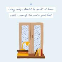 Cozy autumn postcard with calligraphic hand drawn lettering on piece of school sheet about rain, hygge illustration of window with rain and books on windowsill. Hand drawn bright card. Vector design.