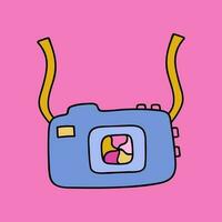 Cute retro photo camera. Vector clipart illustration isolated on the background. Colorful doodle with hand drawn outline.