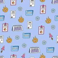 Cute and colorful vector seamless hand drawn pattern with documents, calendar, deadline, folder, gear. Can be used for, wrapping paper, bedclothes, notebook, packages, gift paper.