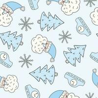 Christmas and New year seamless pattern with Santa Claus face close up, Christmas tree, snowflake, clock. Hand drawn vector illustrations on blue background. For wrapping paper, textile, notebook.