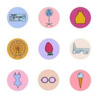 Cute hand drawn set of vector highlights for social media. Icons set about vacation, summer trips, traveling, holidays. Vector doodle illustrations in bright palette