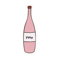 Hand drawn sparkling wine bottle with label in red colors. Holiday champagne for stickers, planners, scrap elements, social media. Vector illustration with hand drawn outline isolated on background.