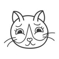 Funny and cute cat face close up. Vector doodle with hand drawn outline isolated on white background. Home pet illustration for stickers, planners, scrap elements, social media