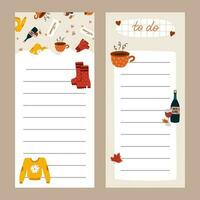 Cozy scrapbook templates for planner. Notes, to do, to buy and other with hygge autumn clip arts of seasonal clothes, drinks, decor. With editable illustrations. For school, university schedule. vector