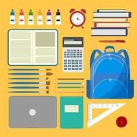 Flat design of school supplies. Calculator, apple, magnifier, eraser, pens, brush, scissors, ruler, notebook, backpack. vector