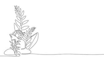 Leaves and flowers outline. Nature composition silhouette. One line continuous vector illustration. Line art, outline, vector