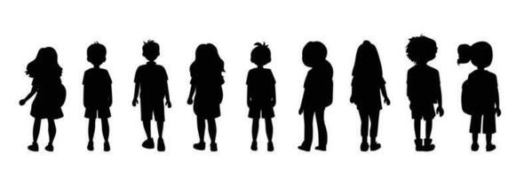 Vector silhouette of back view children going to school on white background.