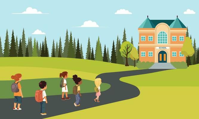Back view of little boy and girl students with backpacks walking going to school. Vector illustration.