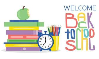 Welcome back to school vector banner with school supplies, education elements and colorful text in textured white paper in green background. Vector illustration.