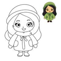 Cute little girl coloring page. Doll color book. Vector illustration.