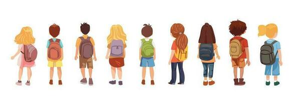 Back view children with backpacks. School children isolated on white background. Big set of students back view. Vector flat cartoon back view illustration.