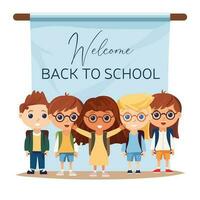 Welcome back to school poster behind children. School banner and children. Vector illustration.