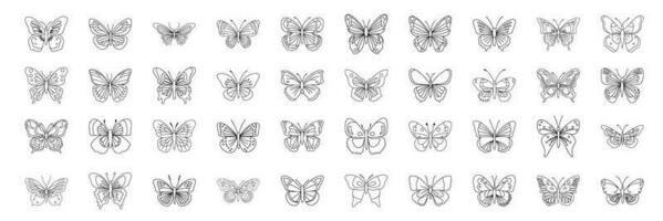 Large collection of butterflies in doodle style. Set of abstract butterfly. Simple hand drawn elements for coloring book. Vector illustration.