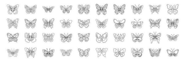 Large collection of butterflies in doodle style. Set of abstract butterfly. Simple hand drawn elements for coloring book. Vector illustration.