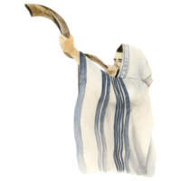 Shofar blowing by Jewish man in talit on Yom Kippur and Rosh Hashanah holidays watercolor illustration. Feast of Trumpets celebration. png