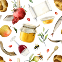 Jewish Rosh Hashanah watercolor seamless pattern for New year gift wrapping with scroll, pomegranates, honey, apples, fish, challah, shofar and wine png