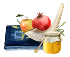 Jewish Rosh Hashanah symbols with Torah book, star of David, honey jar, pomegranate fruit and apple, shofar horn watercolor illustration for Israel new year and yom kippur png
