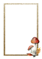 vertikal flyga agarics svamp rektangulär ram med guld gräns vattenfärg illustration. enkel baner mall för anteckningsbok eller häfte ark design png