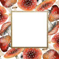 Square red fly agarics mushrooms frame with gold border watercolor illustration. Social media, flyer or invitation template png