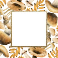 acuarela marrón comestible hongos cuadrado marco modelo con oro frontera ilustración para otoño bosque diseños, bosque tema tarjetas y recetas png