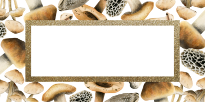 marrón comestible hongos rectangular marco con oro frontera acuarela ilustración. horizontal bandera modelo con Copiar espacio y boleto png