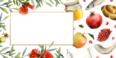 jüdisch rosh hashanah Gruß Karte Vorlage Aquarell Illustration zum Neu Jahr Urlaub mit Granatapfel Früchte, Honig, Apfel, Schofar und rot Blumen png